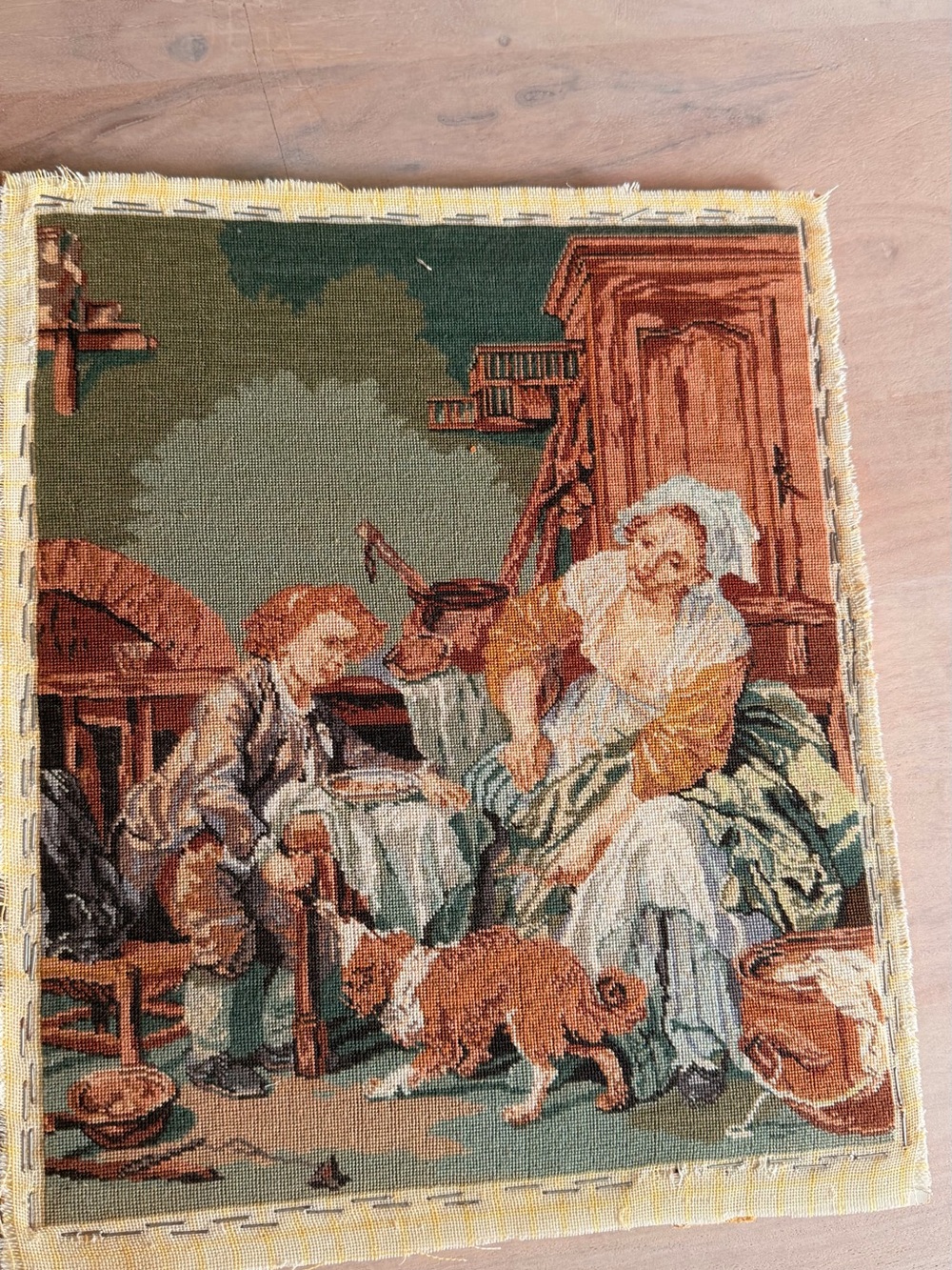 Vintage Tapestry Panel with Domestic Scene in Green and Brown